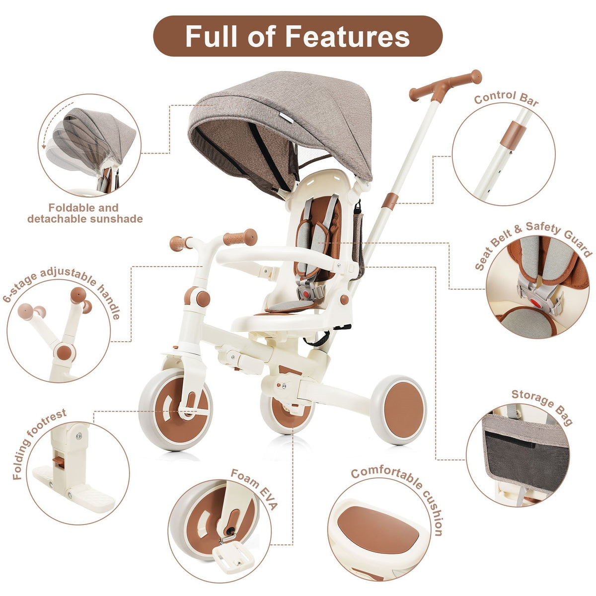 7-in-1 Folding Toddler Tricycle — Ivory & Brown - view 3