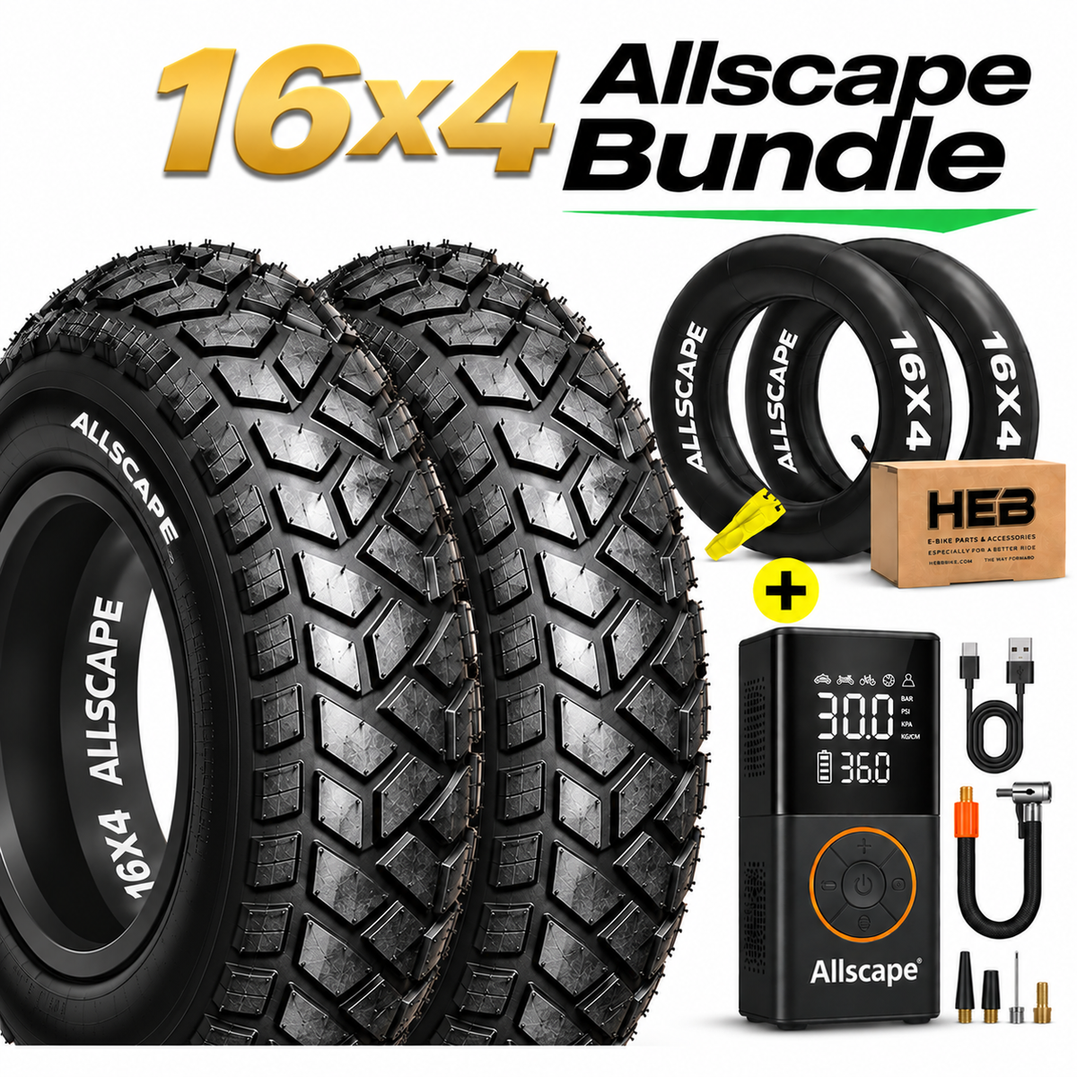 HEB ALLSCAPE BUNDLE Fat Tires - SET OF 16"x 4.0" (2) Tires, (2)Tubes, and an Electric Tire Inflator