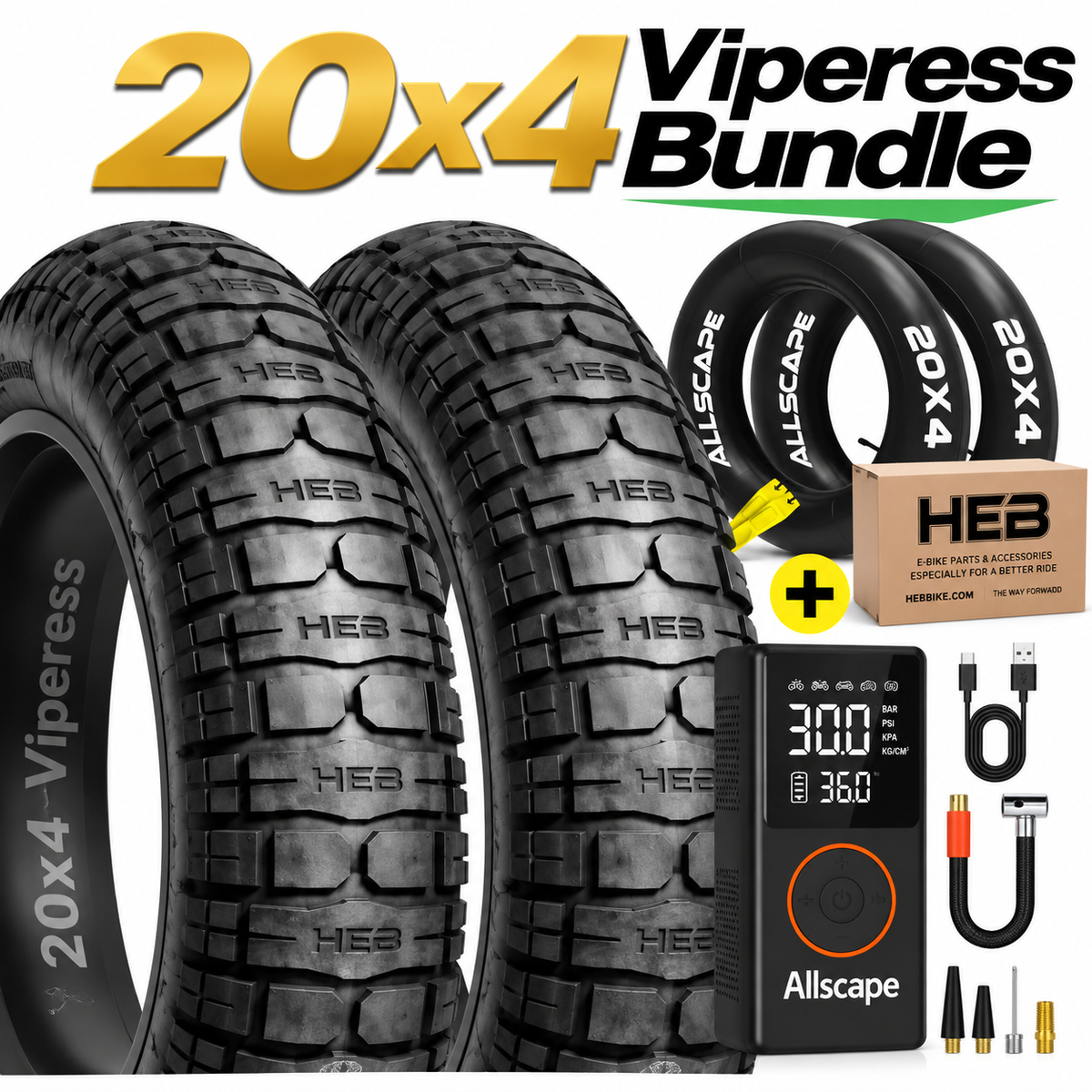 HEB VIPERESS BUNDLE Fat Tires - SET OF 20"x 4.0" (2) Tires, (2)Tubes, and an Electric Tire Inflator