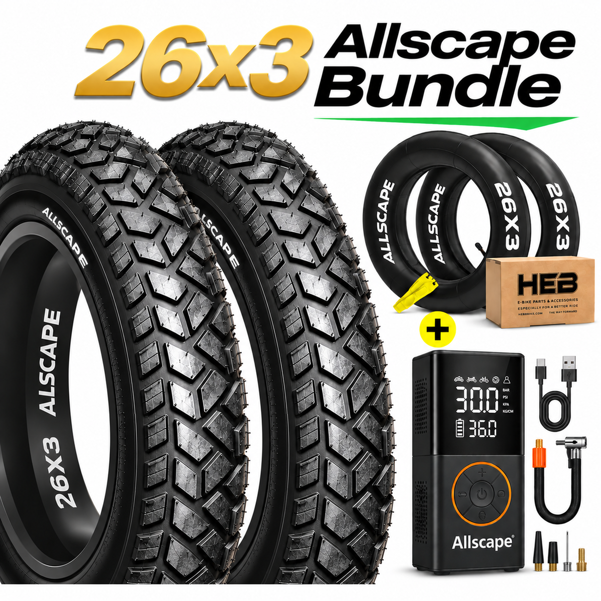 HEB ALLSCAPE BUNDLE Fat Tires - SET OF 26"x 3.0" (2) Tires, (2)Tubes, and an Electric Tire Inflator