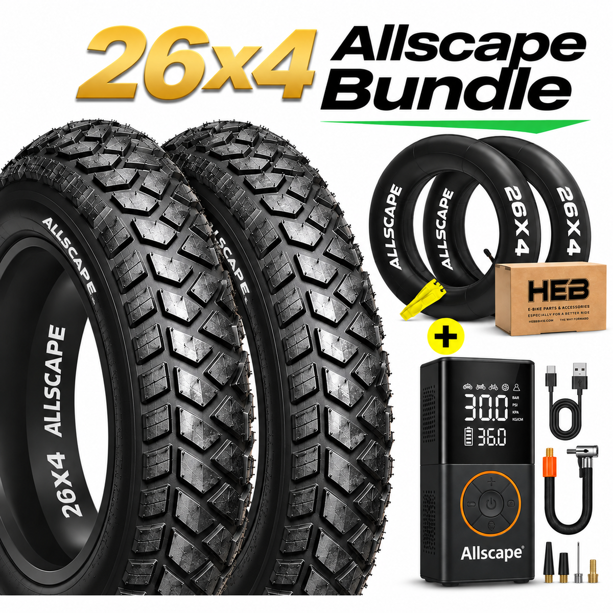 HEB ALLSCAPE BUNDLE Fat Tires - SET OF 26"x 4.0" (2) Tires, (2)Tubes, and an Electric Tire Inflator