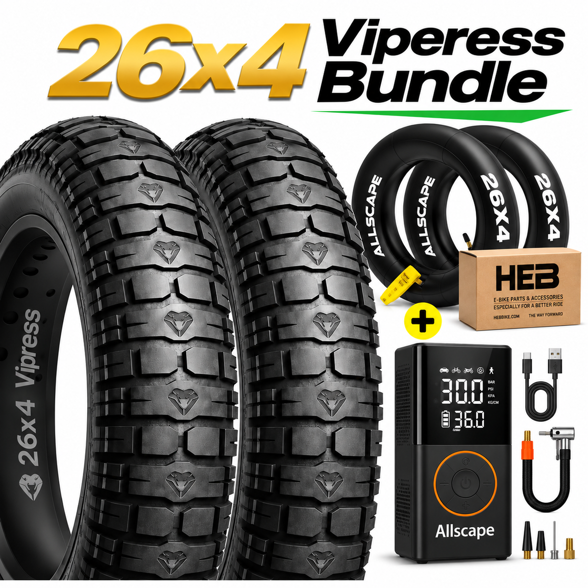 HEB VIPERESS BUNDLE Fat Tires - SET OF 26"x 4.0" (2) Tires, (2)Tubes, and an Electric Tire Inflator