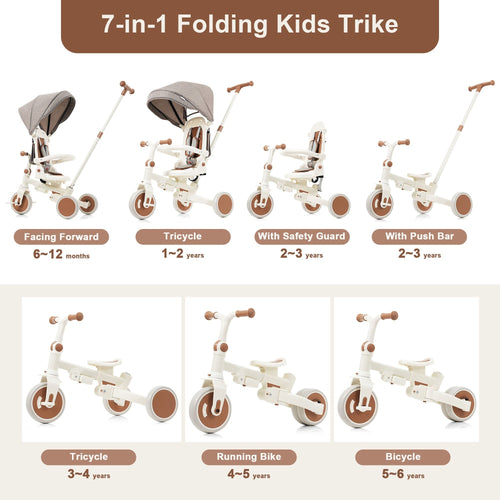 7-in-1 Folding Toddler Tricycle — Ivory & Brown - view 2