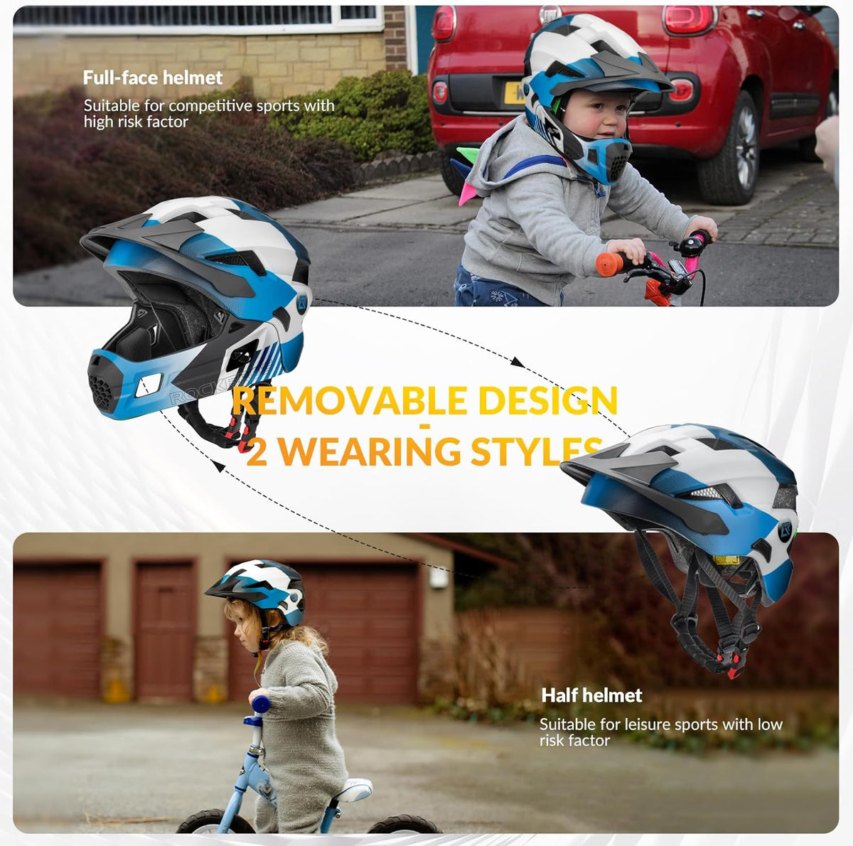 ROCKBROS Kids' Full-Face Bike Helmet with Detachable Chin Guard